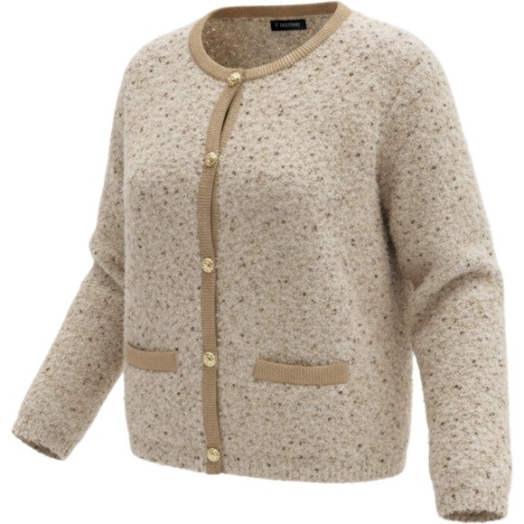 Greige Sweaters - Greige Cardigan Large Oatmeal Boucle Gold Button Crew Neck Wool Bld Classic Core